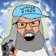 beard cap christianity clothes glasses glowing god green_eyes grey_hair gun hair hand hat heaven holding_object mustache open_mouth pointing religion robe sky soyjak text variant:feraljak water white_skin // 800x800 // 216.8KB