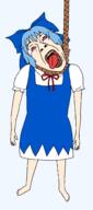 anime bloodshot_eyes blue_hair bowtie cirno clothes crying dead female full_body glasses hair hair_ribbon hanging mustache open_mouth redraw rope soyjak stubble suicide tongue touhou tranny variant:bernd video_game white_skin yellow_teeth // 1197x2709 // 67.1KB