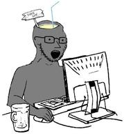 arm brain brainless brainlet computer drinking_straw glass glasses grey hand npc open_mouth pure_soy sign soy soyjak stubble variant:classic_soyjak // 648x694 // 53.0KB