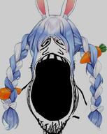 anime blue_hair bowtie carrot deformed glasses hololive open_mouth pekora rabbit_ear soyjak stretched_mouth stubble variant:markiplier_soyjak vtuber // 522x654 // 29.4KB