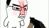 angry animated arm baby blood blush bullet_hole closed_mouth distorted firearm full_body gif glasses gun hair leg red_face shooting soyjak variant:chudjak weapon // 620x348 // 2.1MB