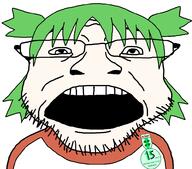 4chan anime badge clothes glasses green_hair hair open_mouth soyjak stubble template variant:coinjak white_skin yotsoyba // 979x864 // 82.0KB