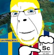 blue_eyes chemistry country element finland flag flag:finland flag:norway glasses hair hand holding_object irl_background looking_at_you norway pointing scandium smile soyjak stubble sweden text variant:cobson yellow_hair // 776x790 // 447.5KB