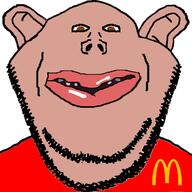 amerimutt brown_eyes brown_skin clothes ear front_facing lips looking_at_you mcdonalds mutt open_mouth red_shirt soyjak stubble subvariant:impish_amerimutt subvariant:impish_front united_states variant:impish_soyak_ears // 627x627 // 39.0KB
