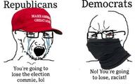 2soyjaks bloodshot_eyes cap clothes crying democrat glasses hat maga mask meme open_mouth republican soyjak stubble text variant:soyak // 735x460 // 61.4KB