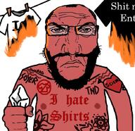 angry arm balding beard closed_mouth clothes enthusiast fire glasses he_will_always_be_a_gem i_hate punisher_face red_skin shirtless shirts slayer soyjak subvariant:science_lover tattoo text total_nigger_death variant:markiplier_soyjak // 904x875 // 467.3KB