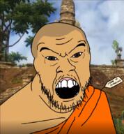 asian buddha buddhism burma clothes grey_hair just_cause monk mustache open_mouth robe soyjak stubble tag text variant:feraljak video_game white_eyes white_skin // 801x864 // 820.9KB