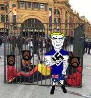 5soyjaks aboriginal angry antipodean_resistance australia australian_aboriginal black_eyes blond blue_eyes brown_skin buff cage closed_mouth clothes country flag full_body glasses hair nazism peace_sign shorts sitting soyjak subvariant:chudjak_front subvariant:unbotheredchud swastika variant:alicia variant:chudjak vein white_skin // 628x678 // 768.8KB