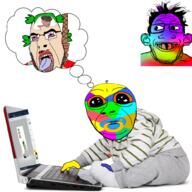 3soyjaks 4chan anime baby bloodshot_eyes clothes colorful computer full_body glasses green_hair grinlook_poggers hair hanging irl open_mouth rent_free rope soyjak speech_bubble stubble subvariant:gerald suicide toddler tongue variant:cobson variant:markiplier_soyjak yotsoyba zoomer // 1000x1000 // 758.4KB