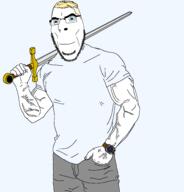 aryan buff clothes glasses holding_object holding_sword soyjak stubble sword template transparent_background tshirt variant:cobson vein watch weapon yellow_hair // 1834x1910 // 75.3KB