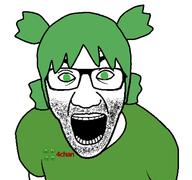 4chan anime clothes glasses green_eyes green_hair hair open_mouth soyjak stubble tshirt variant:el_perro_rabioso yotsoyba // 600x562 // 76.8KB