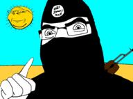 ak-47 angry black_cover eyebrows eyebrows_up glasses isis islam looking_to_the_right pointing_up smile smug sun teeth variant:cobson variant:gapejak white_pupils white_skin // 888x659 // 146.4KB
