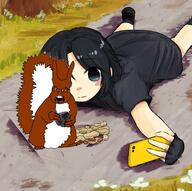 animal anime anime_female closed_mouth coal female full_body glasses hair holding_coal holding_object meta:tagme nut open_mouth peanut phone selfie squirrel squirreljak subvariant:feralsquirrel variant:feraljak // 2031x2025 // 1.1MB