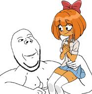 arm bowtie buff clothes female hair hand holding_object looking_at_each_other mymy necktie nipple ongezellig orange_hair orange_skin skirt smile soyjak stubble swolesome variant:wholesome_soyjak wink // 1020x1050 // 423.8KB