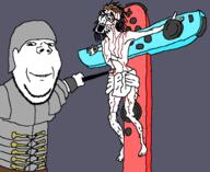 2soyjaks armor blood closed_mouth clothes crucifixion ear full_body glasses hair hat helmet holding_object holding_spear jesus nintendo nintendo_switch open_mouth rome smile soyjak spear stubble subvariant:wholesome_soyjak variant:gapejak variant:unknown video_game // 657x537 // 39.5KB