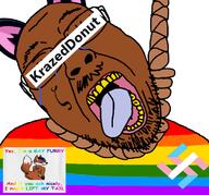 animal brown_skin cat crying flag fox furry gay glasses hanging krazeddonut lgbt nazism open_mouth rope soybooru soyjak stubble suicide swastika tattoo text tongue tranny variant:bernd yellow_teeth zoophile // 767x715 // 122.7KB