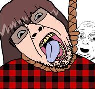 2soyjaks anime brown_hair glasses hair hanging open_mouth plaid rope soyjak stubble suicide tamami_chanohata tongue variant:bernd variant:unknown white_skin yellow_teeth // 768x719 // 293.4KB