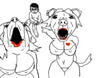 animal breasts closed_mouth diaper dog ear full_body glasses hair lingerie nsfw open_mouth penis pitbull pointing redraw soyjak variant:chudjak variant:two_pointing_soyjaks // 918x734 // 167.7KB