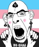 angry bbc blush clothes ear earring flag glasses hand nose_piercing open_mouth painted_nails queen_of_spades soyjak stubble tattoo tranny variant:cobson // 723x861 // 64.7KB