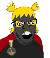 4chan anime badge clothes female glasses grey_skin hair mustache nate open_mouth soot soot_colors soyjak soyjak_party stubble text tshirt variant:feraljak yellow_hair yotsoyba // 1400x1630 // 382.0KB