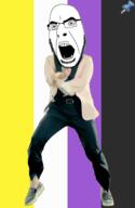 animated dance flag flag:non-binary_pride_flag full_body gangnam_style glasses irl non-binary open_mouth pride_flag push_pin soyjak sticky stubble variant:cobson // 300x460 // 287.4KB