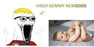 2soyjaks baby badge clothes excited glasses greentext hair hand hands_up nate open_mouth soyjak stretched_mouth stubble subvariant:wewjak text variant:a24_slowburn_soyjak variant:soyak yellow_hair // 960x481 // 287.1KB