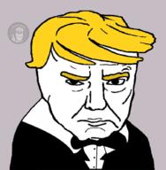 angry arm balding chud closed_mouth clothes donald_trump evil glasses hair keyed lipstick mugshot president qa_(4chan) redraw seal_of_approval sharty_seal soyjak stubble suit template text thick_eyebrows tuxedo united_states variant:norwegian2 white_skin wojak wrinkles yellow_hair // 883x900 // 261.8KB
