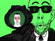 2soyjaks cia closed_mouth clothes ear firearm glasses glowie glowing green gun necktie open_mouth scope sniper soyjak stubble subvariant:chudjak_front suit sunglasses thick_eyebrows variant:chudjak variant:nojak // 980x742 // 353.8KB