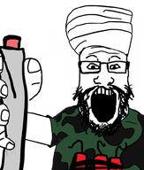 arab arm beard bomb clothes dynamite explosive glasses hand hat holding_object islam open_mouth soyjak suicide_bomber terrorist tshirt turban variant:markiplier_soyjak // 826x971 // 296.1KB