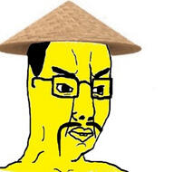 angry asian buck_teeth clothes glasses hair hat mustache rice_hat soyjak variant:chudjak yellow_skin // 500x494 // 159.2KB