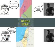 2soyjaks angry bloodshot_eyes chad closed_mouth clothes concerned crying frown gigachad glasses hat history islam israel judaism kippah map menorah open_mouth palestine soyjak speech_bubble stubble taqiyah text variant:soyak // 1063x905 // 482.7KB