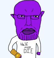 angry arm closed_mouth clothes ear glasses hair infinity_gauntlet marvel millions_must_die purple_skin soyjak subvariant:chudjak_front text thanos variant:chudjak // 1062x1150 // 32.4KB