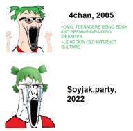 2005 2022 4chan anime arm bloodshot_eyes clothes comic crying glasses green_hair greentext hair hand hands_up oldfag open_mouth raid soyjak soyjak_party spammer stretched_mouth stubble subvariant:wewjak teen text variant:soyak website white_skin yotsoyba // 878x858 // 226.7KB