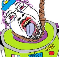 bloodshot_eyes buzz_lightyear clothes crying glasses hanging hat mrs_nessbitt name_tag open_mouth pixar purple_hair rope soyjak stubble suicide text tongue toy_story variant:bernd // 814x783 // 440.7KB