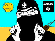 ak-47 angry arabic_text black_cover eyebrows eyebrows_up flag:isis glasses isis islam looking_to_the_right painted_nails queen_of_spades smile smug spade sun teeth variant:cobson variant:gapejak white_pupils white_skin // 1125x834 // 144.1KB