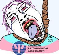 american_psychological_association apa apa_style crying dead glasses hanging open_mouth purple_hair rope soyjak stubble suicide tanny tongue trаnnу variant:bernd yellow_teeth // 2800x2620 // 1.4MB
