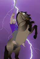 aryan barefoot blond classical_art_parody closed_mouth glasses glowing_eyes horse lightning muscles my_little_pony night open_mouth purple_shirt sky storm stubble swearing_is_not_cool_or_attractive sword variant:cobson weapon white_eyes yellow_hair // 4000x5861 // 6.1MB