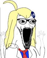 arm badge clothes glasses hair hand hands_up knowyourmeme necktie open_mouth ornament soyjak stubble subvariant:wewjak variant:soyak yellow_hair // 640x800 // 201.0KB