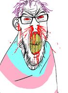 bleed bloodshot_eyes clenched_teeth ear flag flag:transgender_pride_flag glasses nosebleed purple_hair soyjak stubble subvariant:feralrage tranny variant:feraljak // 895x1217 // 344.9KB