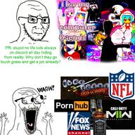 2soyjaks anime arm boomer call_of_duty cat_ear closed_mouth concerned excited eyes_popping fox_news fumo glasses hand hands_up nfl place_japan pornhub runescape soyjak stretched_mouth stubble subvariant:waow text tongue variant:soyak waow // 1280x1280 // 334.8KB