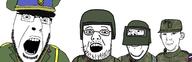 4soyjaks camouflage clothes ear flag glasses hat helmet kuz looking_at_each_other military neutral open_mouth russia smile soyjak star stubble uniform variant:cobson variant:unknown variant:wholesome_soyjak variant:yurijak // 2222x720 // 524.9KB