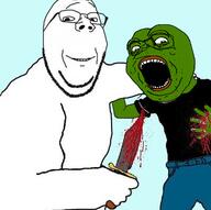 2soyjaks animal_abuse arm blood closed_mouth frog glasses green_skin hand holding_object knife pepe smile soyjak stab stubble subvariant:wholesome_soyjak variant:gapejak // 399x396 // 115.5KB
