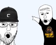 2soyjaks arm bald baseball_cap black_shirt cap claymore_gaming clothes fallout fallout_new_vegas glasses gmod hand hat open_mouth pointing soyjak stubble text transparent tshirt variant:two_pointing_soyjaks video_game // 680x545 // 87.5KB