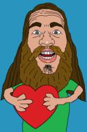 arm beard blue_eyes brown_hair clothes hair hand heart holding_heart holding_object jimmy_davis long_hair mustache open_mouth subvariant:wholesome_soyjak tshirt variant:gapejak variant:soyak white_skin // 250x378 // 8.9KB