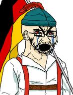 bloodshot_eyes clothes country crying ear flag germany glasses hat open_mouth soyjak stubble thick_eyebrows tracht tyrolean_hat variant:cryboy_soyjak // 1039x1353 // 234.9KB