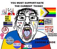 angry atheism black_lives_matter blue_lives_matter christianity clothes communism democrat ear feminism glasses hair hammer_and_sickle hanging islam israel judaism lgbt mustache open_mouth palestine progress_pride_flag purple_hair raised_fist_(symbol) republican rope russia star_and_crescent stubble swastika text tranny transgender_flag ukraine variant:bernd variant:chudjak yellow_teeth // 902x768 // 362.5KB