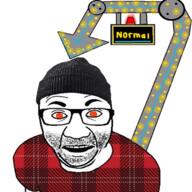 beanie clothes flannel glasses hat normal open_mouth orange_eyes pointing red_shirt reddit sign soyjak stubble text variant:el_perro_rabioso // 680x680 // 334.3KB