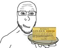 bald charlie_and_the_chocolate_factory closed_mouth earless glasses golden_ticket holding_object holding_plate plate shirtless smile smirk smug soyjak stubble variant:platejak willy_wonka // 1335x1079 // 323.0KB