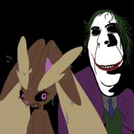 black_background clothes creepy dc dc_comics green_hair horny joker lopunny nsfw pokemon smile suit sweating the_joker variant:cobson variant:hornyson // 1378x1378 // 124.8KB