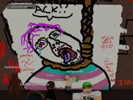 bloodshot_eyes crying flag glasses mustache open_mouth purple_hair redraw roblox rope soyjak stubble text tongue tranny variant:bernd video_game yellow_teeth // 686x518 // 290.2KB